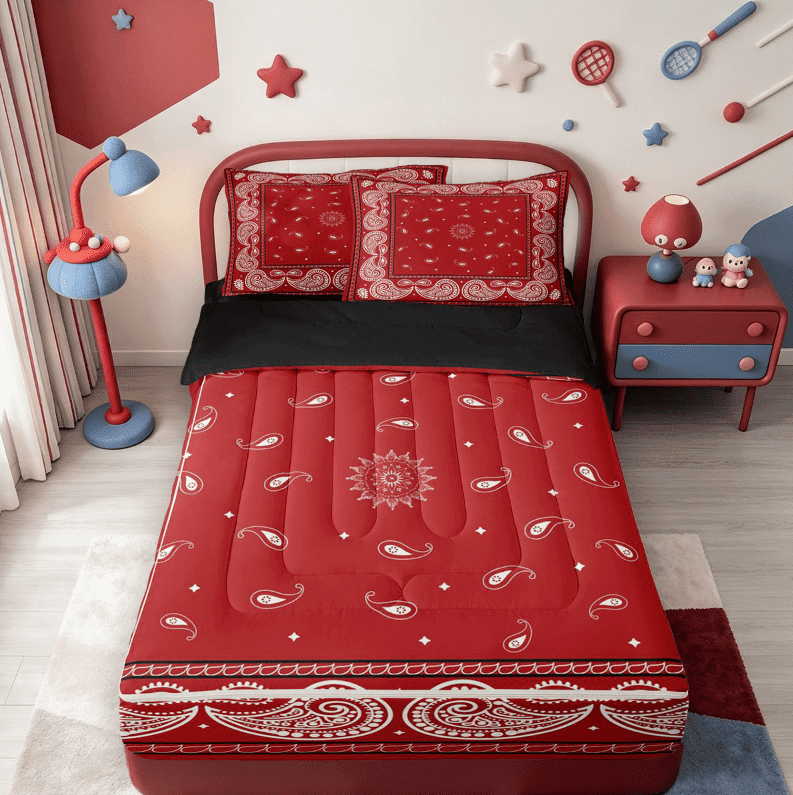 meiyoeat Classic Flower Zipper Full Size Comforter Sets with Fitted Sheet and 2 Pillowcases,Paisley Print Zipper Bedding Set For Adults,Red White,Black Reversible,4pcs
