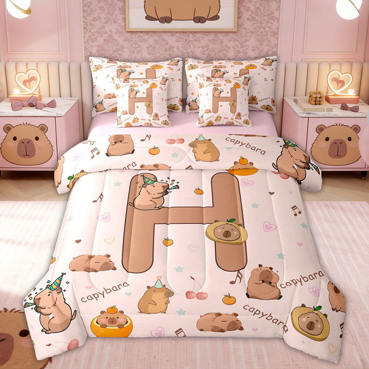 Erosebridal Monogrammed H Kids Twin Bedding Sets, Fruit Capybara Bedding Comforter Set, Pink Reversible, 7-Piece