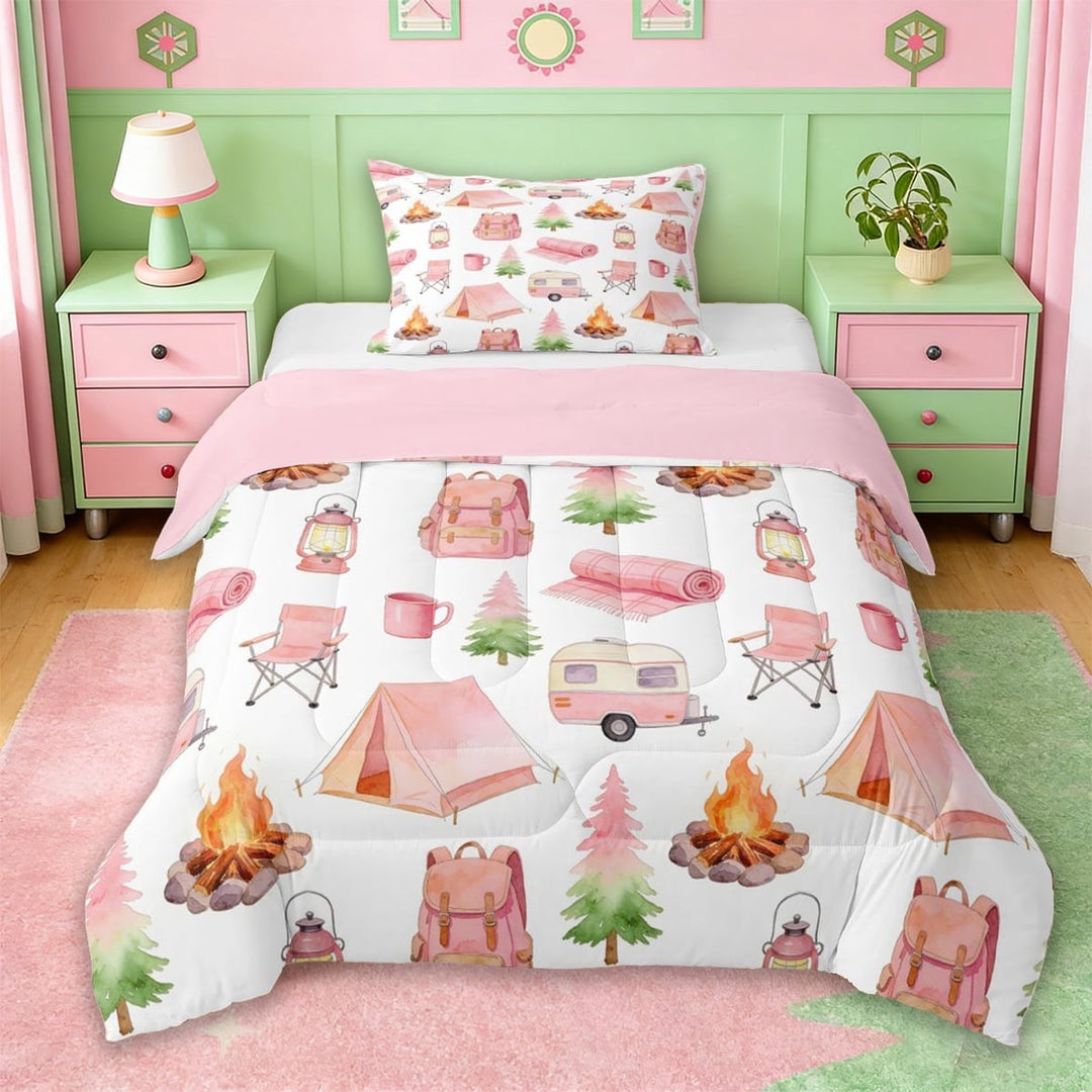 Erosebridal Pink Camping RV Twin Comforter Sets For Travel Trailers,Camper Adventure Bedding Set For Kids,Reversible pink,2pcs