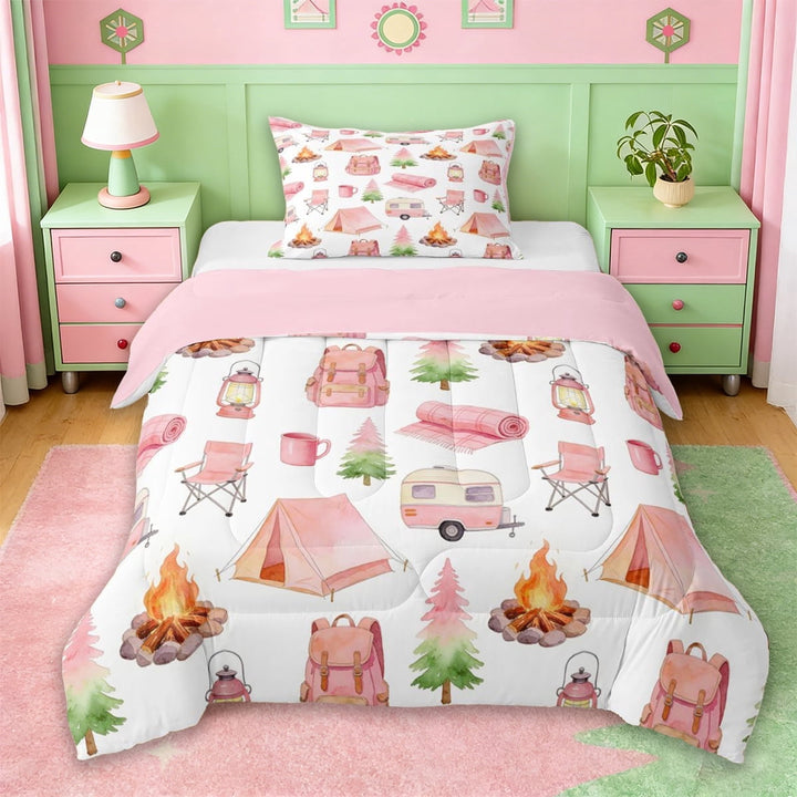 Erosebridal Pink Camping RV Twin Comforter Sets For Travel Trailers,Camper Adventure Bedding Set For Kids,Reversible pink,2pcs