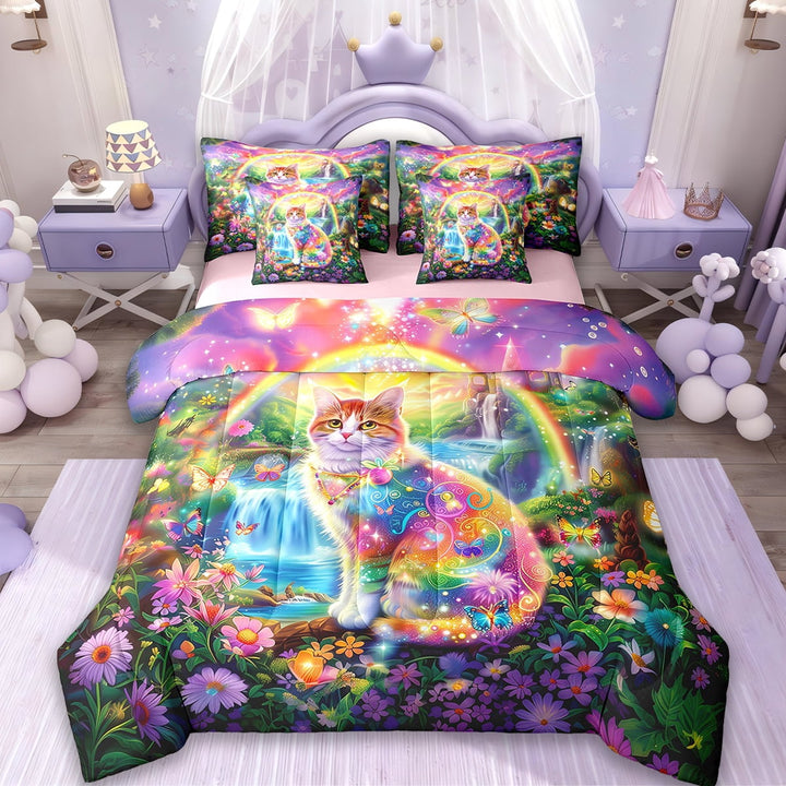 Erosebridal Cute Cat Bedding Sets Twin Size,Rainbow Botanical Flower Comforter Sets with Sheets,Pet Animal Bed in a Bag Twin Size,Super Cozy Room Decoration Reversible,7-Piece