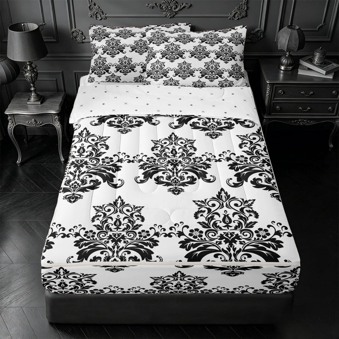 meiyoeat Vintage Bohemian Damask Zipper Twin Comforter Sets with Fitted Sheet and 2 Pillowcases For Adults,Retro Victorian Baroque Zipper Bedding Set For Men Women,Reversible,4 Pieces