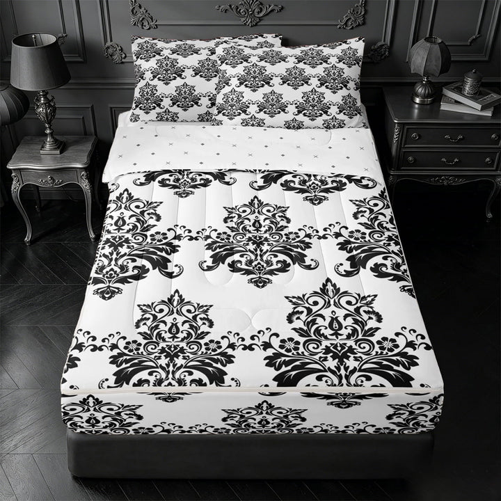 meiyoeat Vintage Bohemian Damask Zipper Twin Comforter Sets with Fitted Sheet and 2 Pillowcases For Adults,Retro Victorian Baroque Zipper Bedding Set For Men Women,Reversible,4 Pieces