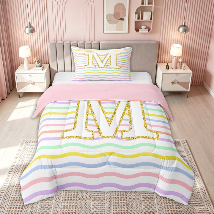 meiyoeat Glitter M Initial Full Size Comforter Sets for Girls Kids, Rainbow Stripe Monogram Bedding Comforter Set, Gold Pastel, Pink Reversible, 3 Pieces, 1 Comforter and 2 Pillowcases