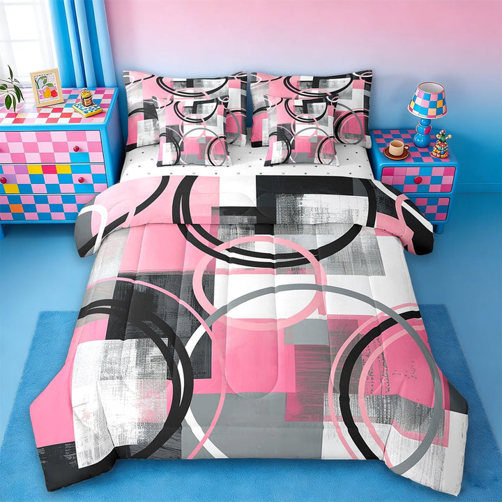 Erosebridal Graffiti Geometric Circle Bedding Queen Size,Modern Aesthetic Art Comforter Sets with Sheets,Pink Black Gray Bedding Sets Queen Size,Breathable Room Decoration Reversible,7pcs