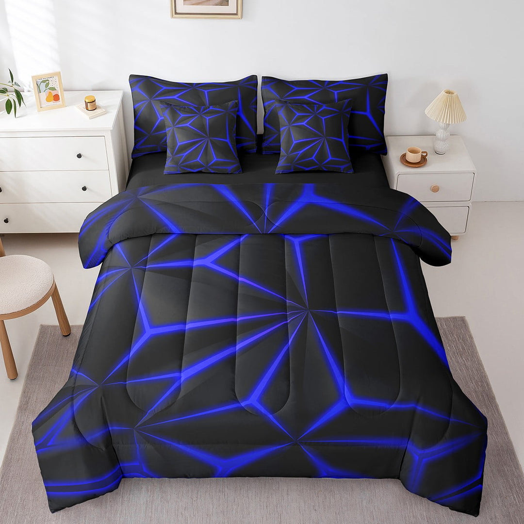 Dark Blue Neon Bedding Sets s, Geometric Diamond Comforter Set 7 Piece Queen Size Adults, Modern Abstract Bed in a Bag Neon Geometry Sheet Set with Comforter Black Room Decor
