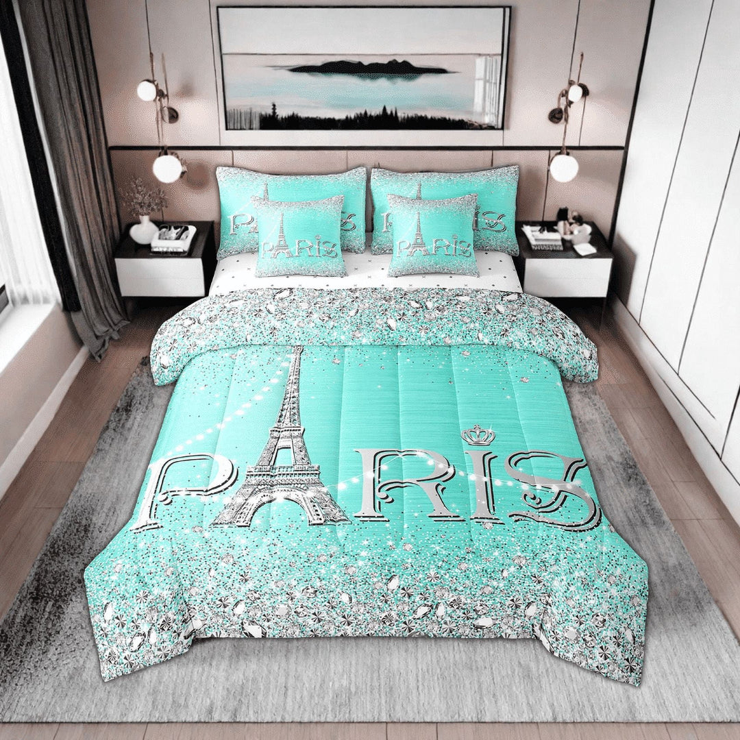 7 Piece Paris Comforter Set Women,Eiffel Tower Bed in A Bag King,Blue Sparkles Sequins Bedding Sets,(Not Real)Diamond Reversible Bed Sets with Sheet Set