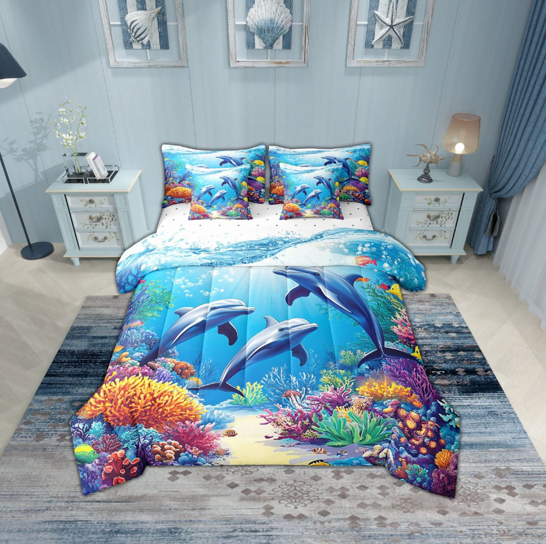 Erosebridal Sealife Dolphin Bedding Sets Twin Size,Marine Animal Comforter Sets with Sheets,Sea Decor,Reversible,Breathable,7pcs
