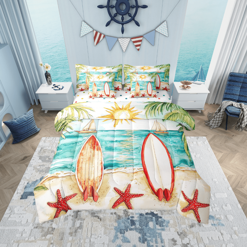 Erosebridal Surfing Surfboard Bed in a Bag Twin size, Summer Beach Bed Set, Ocean Starfish Reversible Bedding Twin Size, Lightweight Bedroom Decoration, 7pcs