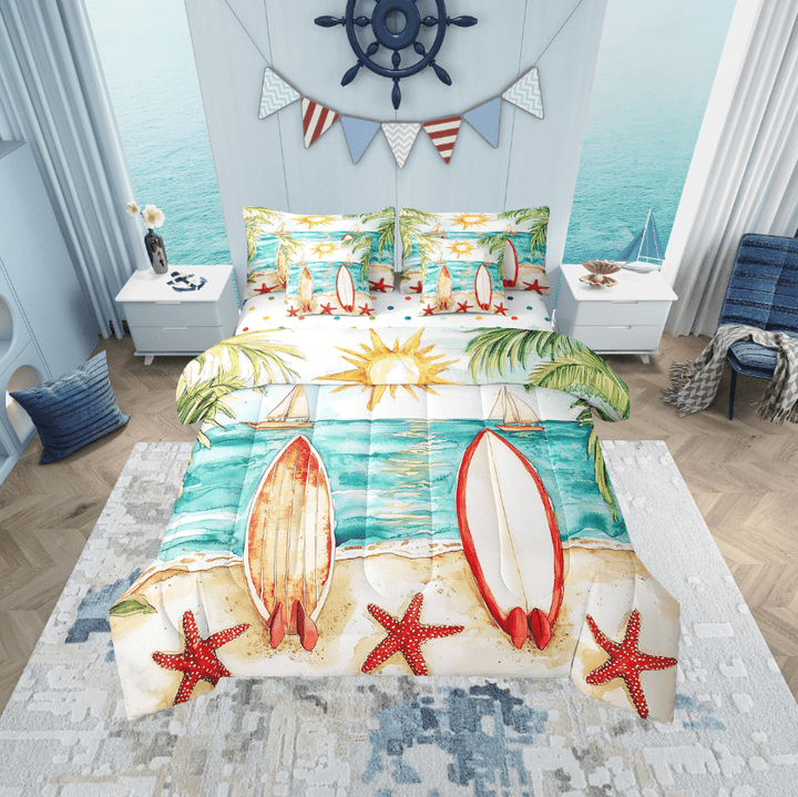 Erosebridal Surfing Surfboard Bed in a Bag Twin size, Summer Beach Bed Set, Ocean Starfish Reversible Bedding Twin Size, Lightweight Bedroom Decoration, 7pcs