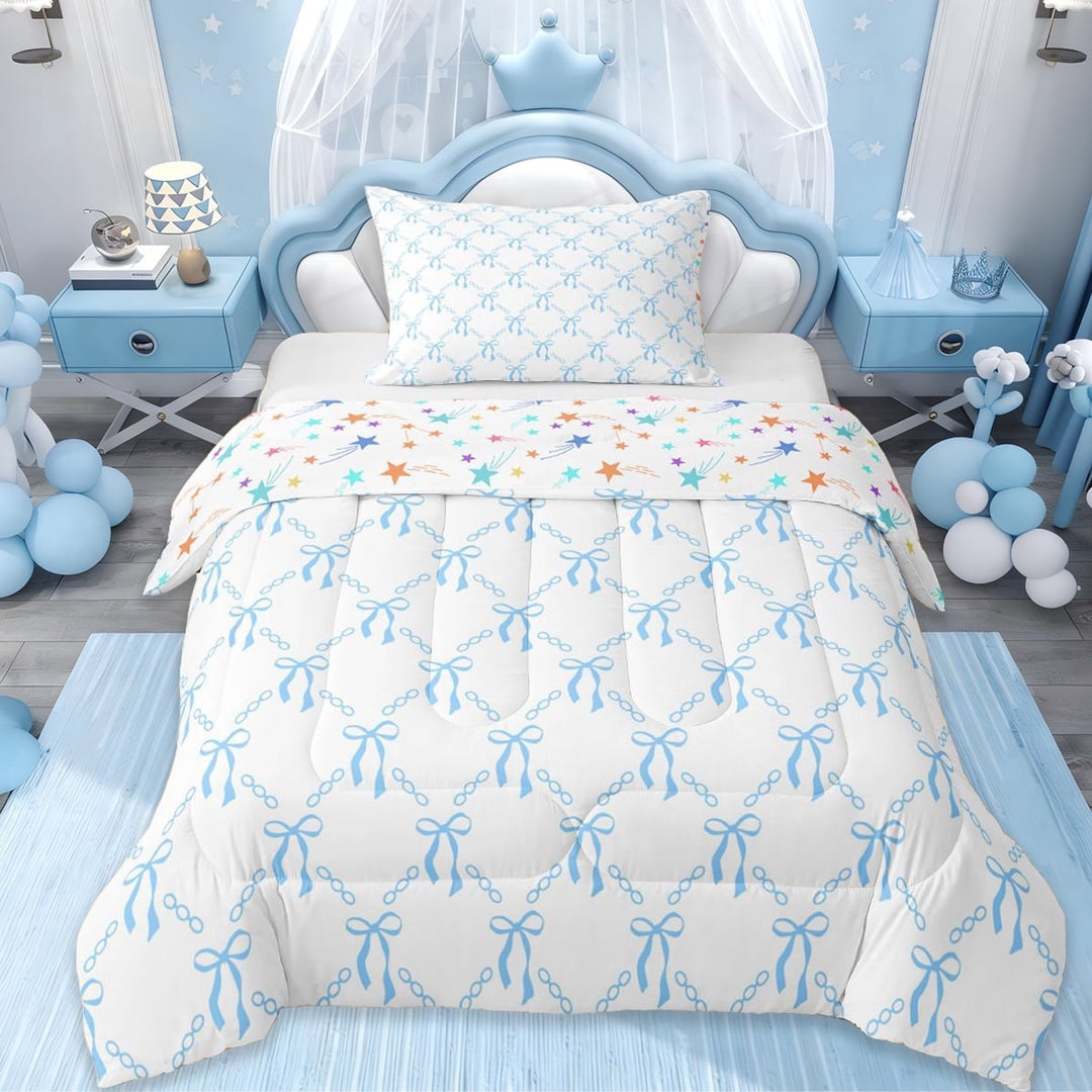 Erosebridal Kawaii Bowknot Dreamy Princess Twin Comforter Sets For Bows Lovers,Kawaii Bowknots Bow Tie Bedding Set,White Blue, Reversible 2 Pieces