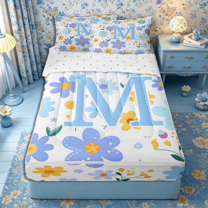 Meiyoeat Lovely Wildflower Letter M Zipper Twin Comforter Sets with Fitted Sheet and 2 Pillowcases for Girls Teens, Sweet Monogram Zipper Bedding Set, Light Blue Yellow White,4-Piece