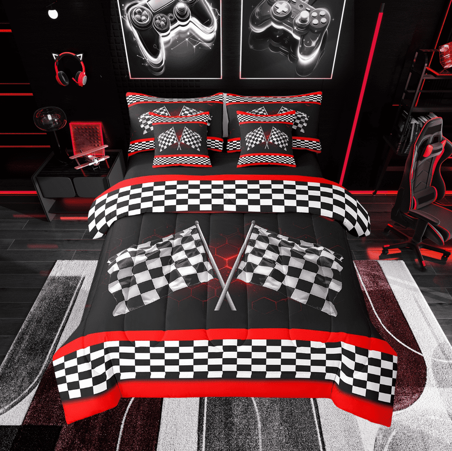 Erosebridal Red Stripes Geometric Bedding Sets Twin Size, Race Car Comforter Sets with Sheets, Sports Theme Decor, Reversible 7pcs