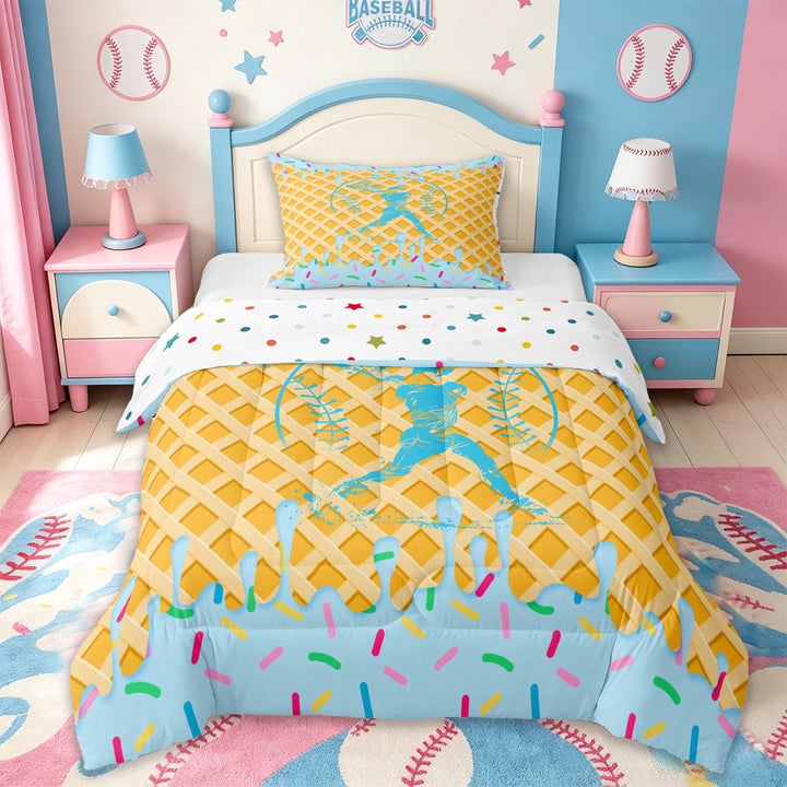 Erosebridal Cute Baseball Ice Cream Twin Comforter Sets For Boys,Sport Ball Game Kids Bedding Set,Reversible,2-Piece