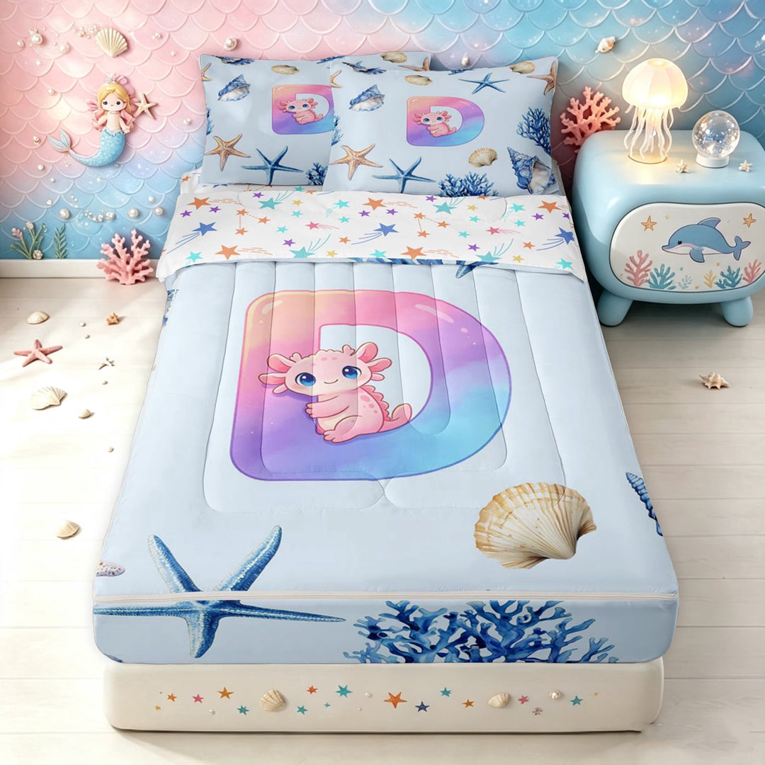 meiyoeat Axolotl Rainbow Letter D Zipper Twin Comforter Sets with Fitted Sheet and 2 Pillowcases for Girls, Kawaii Ocean Sea Life Zipper Bedding Set, Blue, Star Reversible, 4pcs
