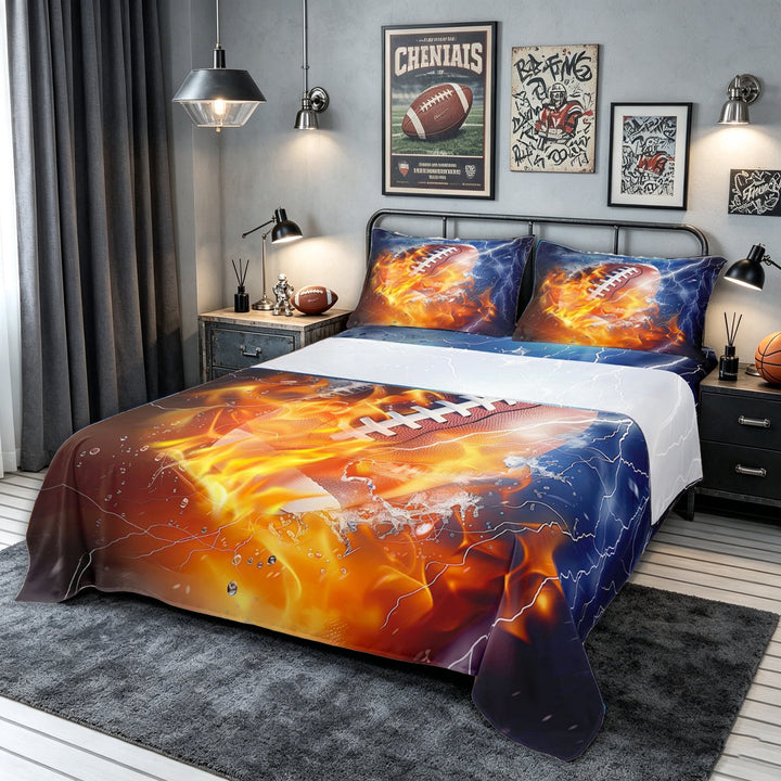 meiyoeat Sporty Football Bed Sheets for Kids Boys, Fire Water Full Size Sheets for Bedroom, Navy Orange, 4-Piece