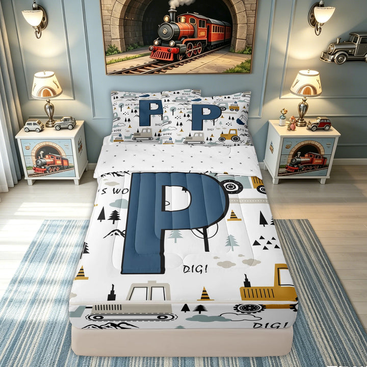 meiyoeat Construction Letter P Zipper Comforter Set with Fitted Sheet and 2 Pillowcases for Boys Kids, Cute Cartoon Truck Zipper Bedding Set, Blue, Reversible, 3pcs