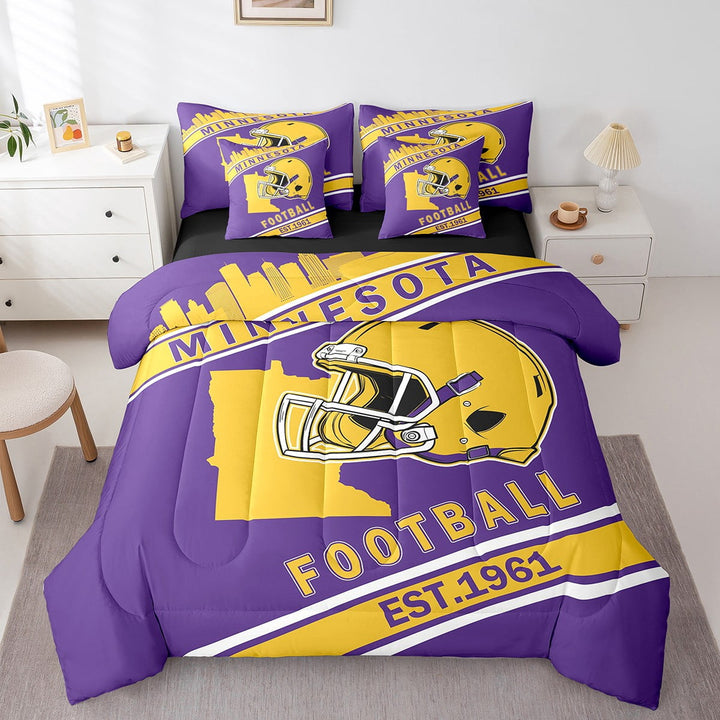 Erosebridal Football Helmet Print Bedding Twin Size, Sports Theme Duvet Set , Minnesota, Purple Yellow, Reversible 7-Piece