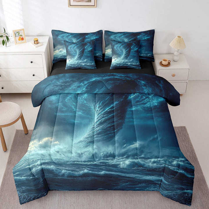 Horror Teal 7 Pcs Comforter Set Twin Size,Dark Ocean Bed in a Bag with Flat Sheet and Fitted Sheet Teens Adult,Tornado Lightning Bedding Set with Pillowcase and Sham Reversible
