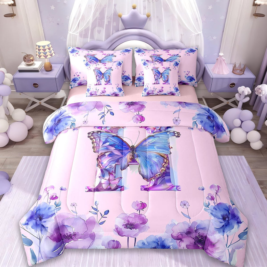 Erosebridal Monogrammed H Bedding Twin Size,Tie Dye Flower Print Bed Set,Wild Animal Butterfly Bedding Sets Twin Size,Lightweight Room Decor Reversible,7pcs