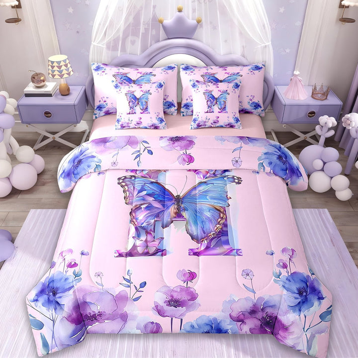 Erosebridal Monogrammed H Bedding Twin Size,Tie Dye Flower Print Bed Set,Wild Animal Butterfly Bedding Sets Twin Size,Lightweight Room Decor Reversible,7pcs