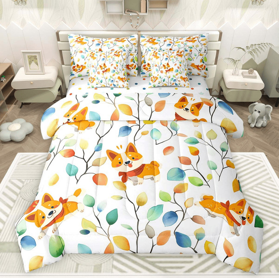 7Pcs Cute Corgi Dog Bedding Comforter Sets Boho Floral Bed in a Bag, Colorful Leaves Twin Bedding Sets Abstract Watercolor Plant Comforter Set, Animal Theme Bedding Sets