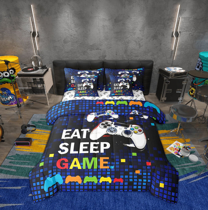 Erosebridal Eat Slepp Game Bed in a Bag Twin size, Blue Geometric Bed Set, Cartoon Gamepad Reversible Bedding Twin Size, Super Cozy Room Decor, 7pcs