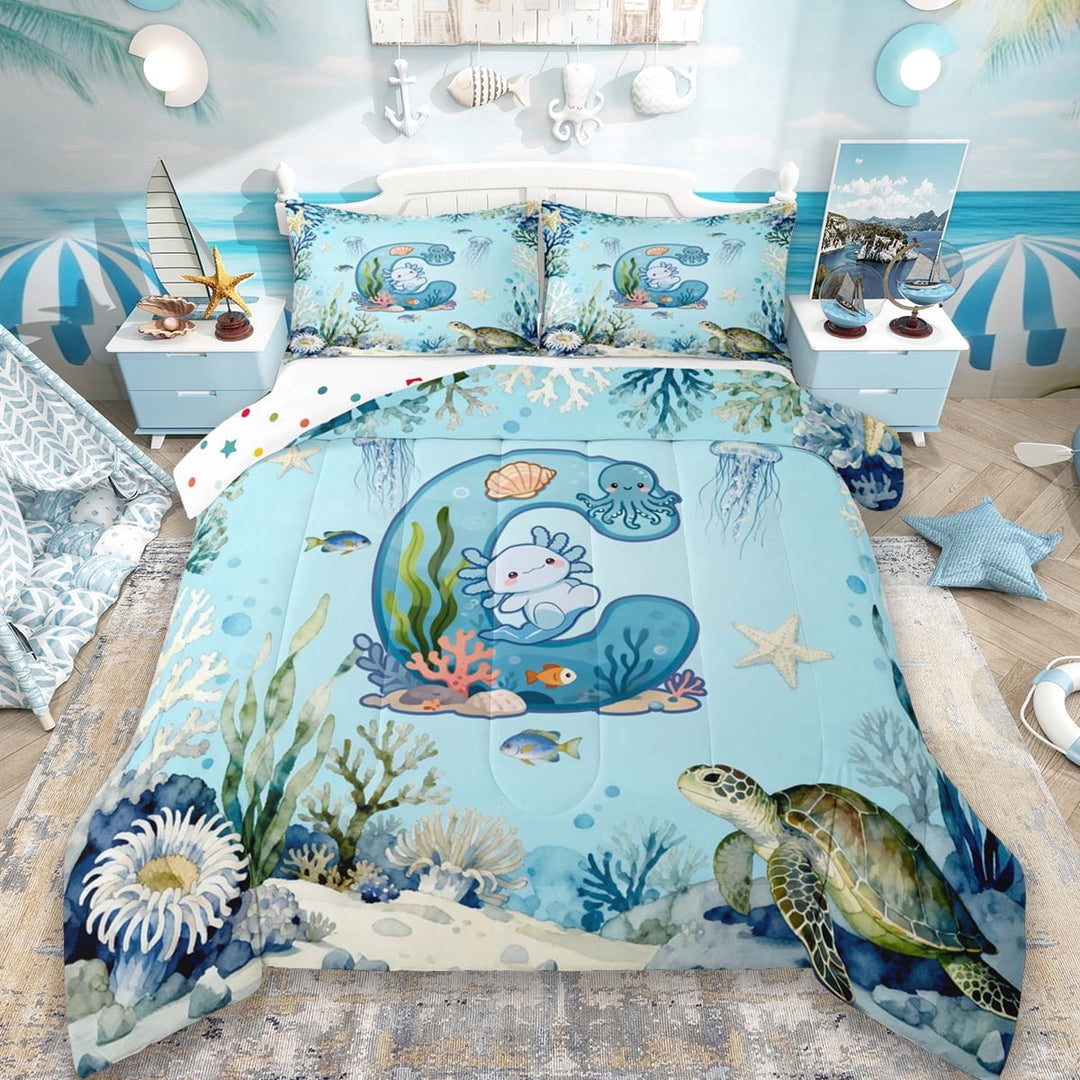 Erosebridal Nautical Coastal Personalized Gifts Full Size Comforter Sets,Blue Kawaii Axolotl Alphabet C Bedding Sets For Kids,Reversible 3 Pieces