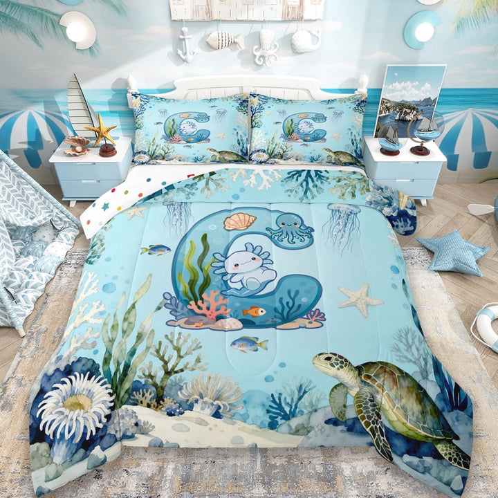 Erosebridal Nautical Coastal Personalized Gifts Full Size Comforter Sets,Blue Kawaii Axolotl Alphabet C Bedding Sets For Kids,Reversible 3 Pieces