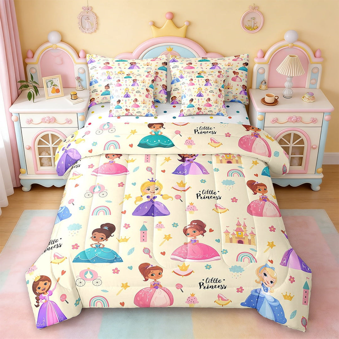 Erosebridal Cute Princess Bedding Twin Size,Yellow Cartoon Girl Bed Set,Castle Rainbow Print Bedding Sets Twin Size For Girls,Microfiber Bedroom Decoration Reversible,7pcs
