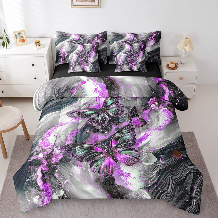 Black Marble Bed in a Bag Queen Comforter Set 7 Piece Teal Butterfly Sheet Set,Lilac Marbling Bedding Sets,Abstract Ombre Ink Fluid Art Bed Set Rustic Animal Dreamy Butterflies Room Decor Aesthetic