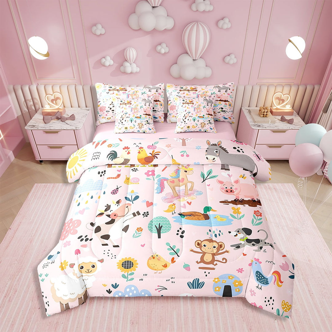 Erosebridal Cow Bedding Set Twin Size Horse Pig Comforter Set With Sheets7 piece Chicken Duck Bed in a Bag for Dog Leaf Farm Animal Pink Bed Set with Comforter,Sheets,Pillowcases