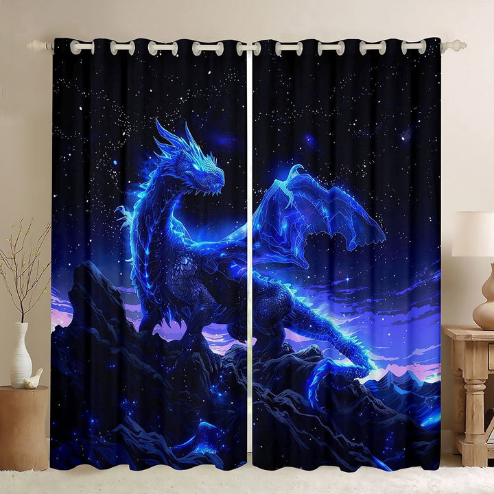 Erosebridal Glowing Starry Blue Dragon Curtains Pack of 2 (42x84 Each) for Boys and Girls, Blue Cosmic Fantasy Curtains Blackout