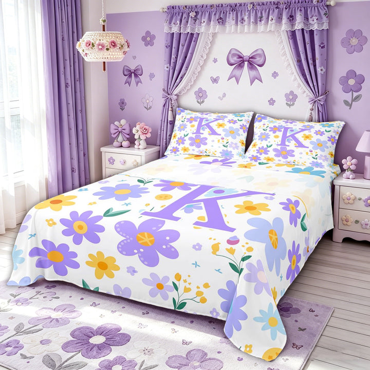 Meiyoeat Daisy Floral K Letter Full Size Sheets for Women Girls, Purple Princess Cartoon Bed Sheets, 4 Pieces