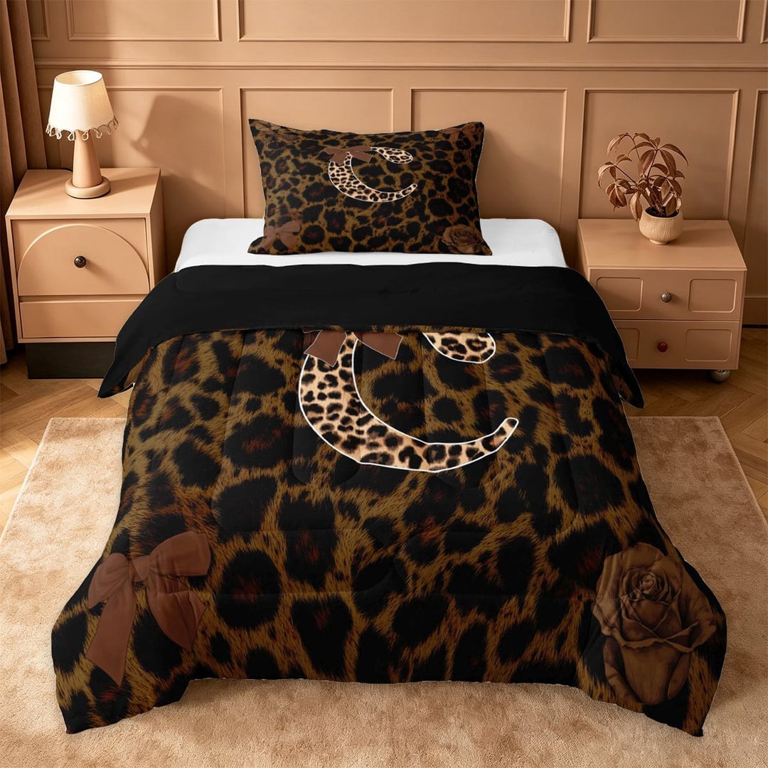 Erosebridal Fashion Cheetah Print Twin Comforter Sets For Women,Cute Bowtie Letter C Monogrammed Bedding Set For Girls Kids,Black Reversible,2pcs