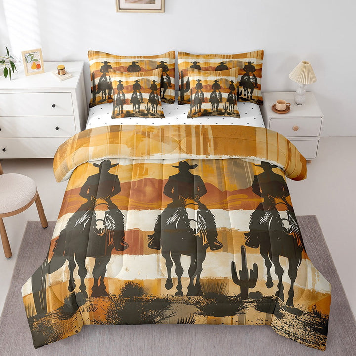 Erosebridal Western Comforter Set 7 Piece Twin Cowboy Riding Horse Bedding Set Teen,Wild West Country Black Brown Bed In A Bag With Sheet Set Desert Cactus Reversible Bed Set
