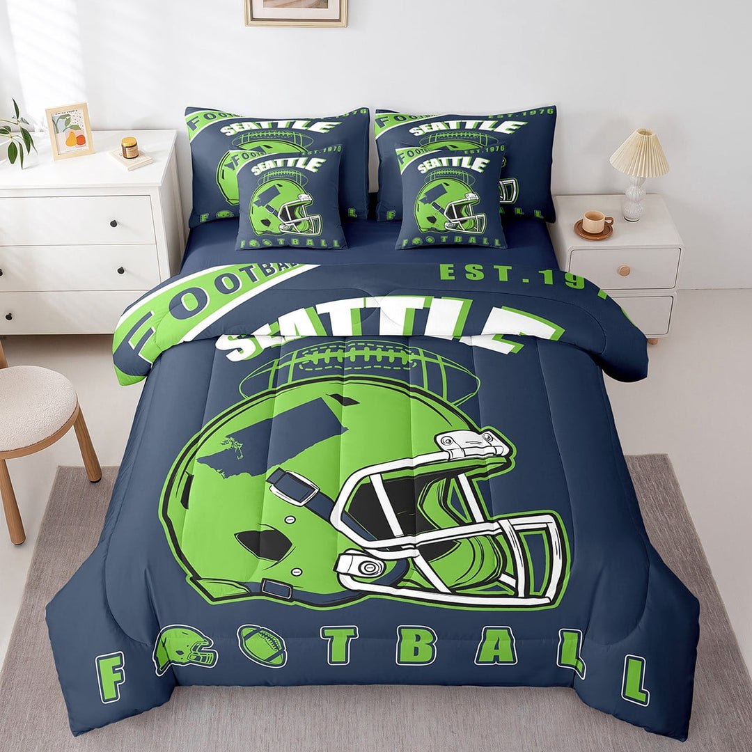 Erosebridal American City Bed in a Bag, Football Player Bed Set, Navy Green Reversible Comforter Sets, Breathable Bedroom Decor, 7 Pieces