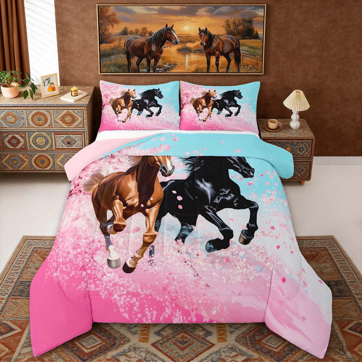 Erosebridal Galloping Horse Full Size Comforter Sets, Pink Cherry Blossoms Bedding Sets