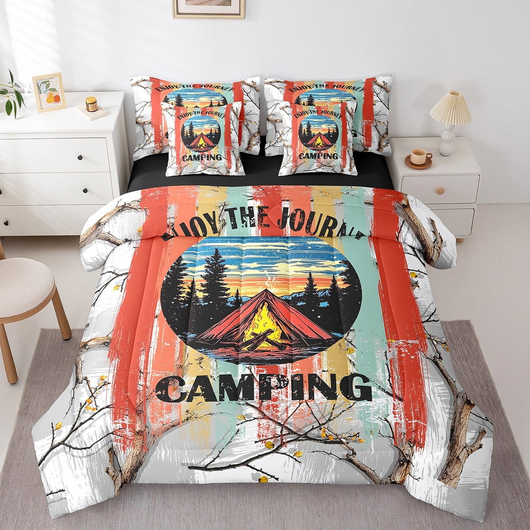 Erosebridal Happy Camping Bedding Sets King Size,Geometric Stripes Bed in a Bag King size,Super Cozy Reversible Bedding King Size,Oil Painting Decor,7 Pieces