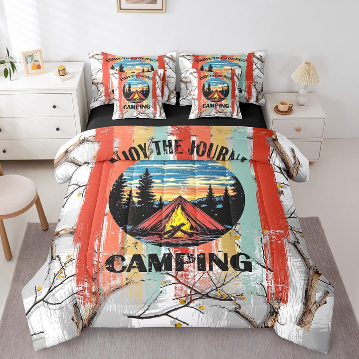 Erosebridal Happy Camping Bedding Sets King Size,Geometric Stripes Bed in a Bag King size,Super Cozy Reversible Bedding King Size,Oil Painting Decor,7 Pieces