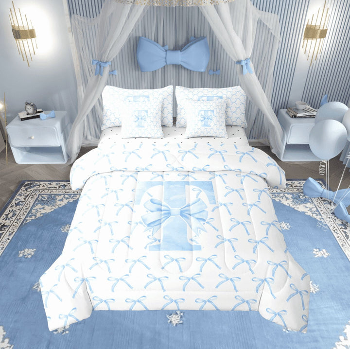 Erosebridal Monogrammed Bow Tie Bedding Sets Twin Size,Dreamy Princess Comforter Sets with Sheets,Letter Bedroom Decor,Reversible,7pcs
