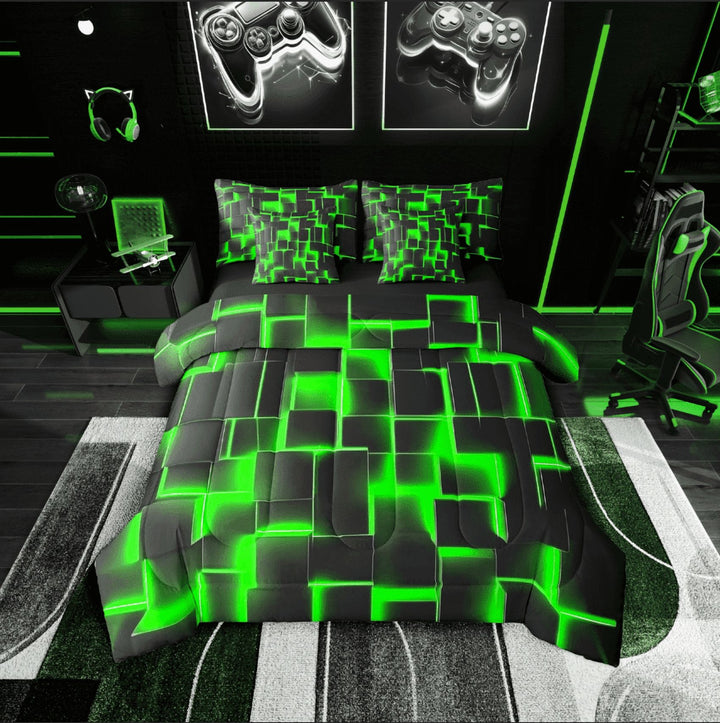 Erosebridal Neon Geometry Bedding Sets Twin Size,Stereoscopic Gradient Plaid Comforter Sets with Sheets,Room Decorative,Reversible,7pcs