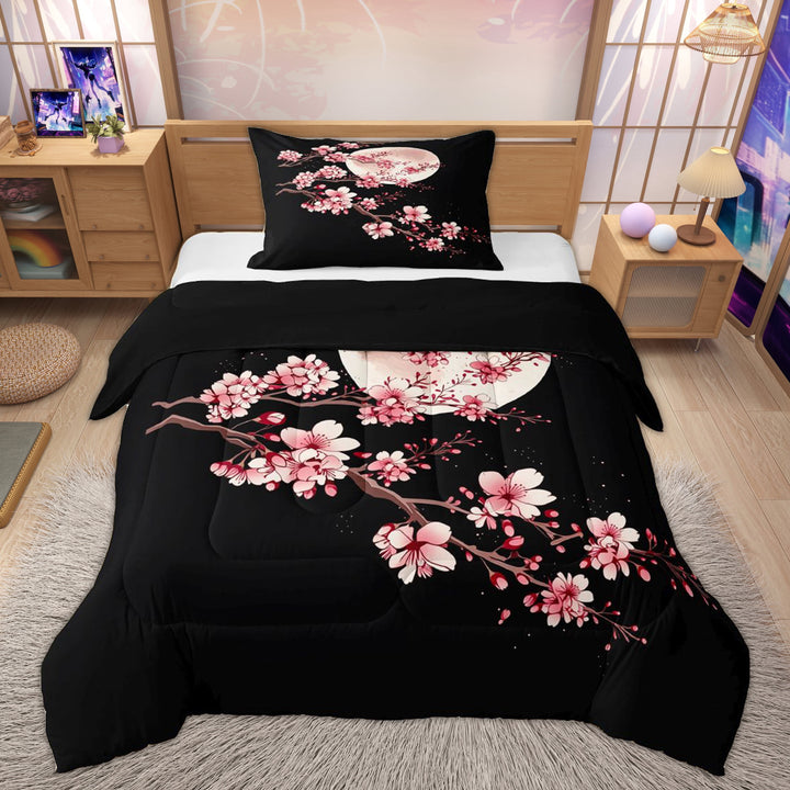 Erosebridal Girls Cherry Blossoms Twin Comforter Sets, Japanese Style Bedding Set, Black Pink, 2pcs