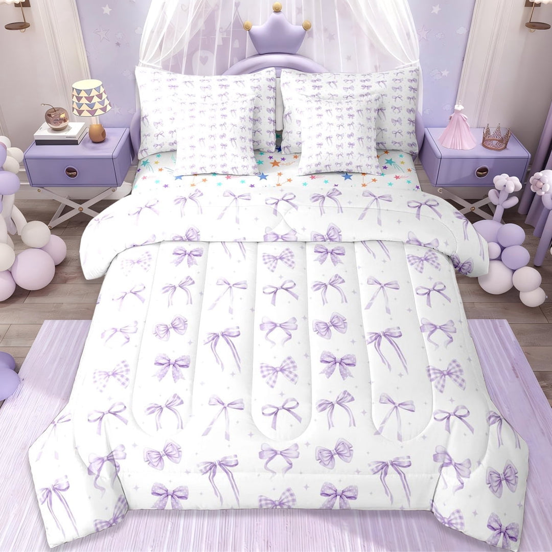 Erosebridal Purple Bowknots 7-Piece Twin Bedding Sets For Girls,Dreamy Princess Bows Bedding Comforter Set,Cartoon Stars Pattern,Reversible