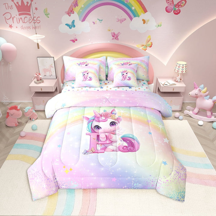 Erosebridal Rainbow Unicorn Bedding Twin Size, Initial P Bedding Sets Twin Size, Romantic Initial A-Z Decor, Reversible