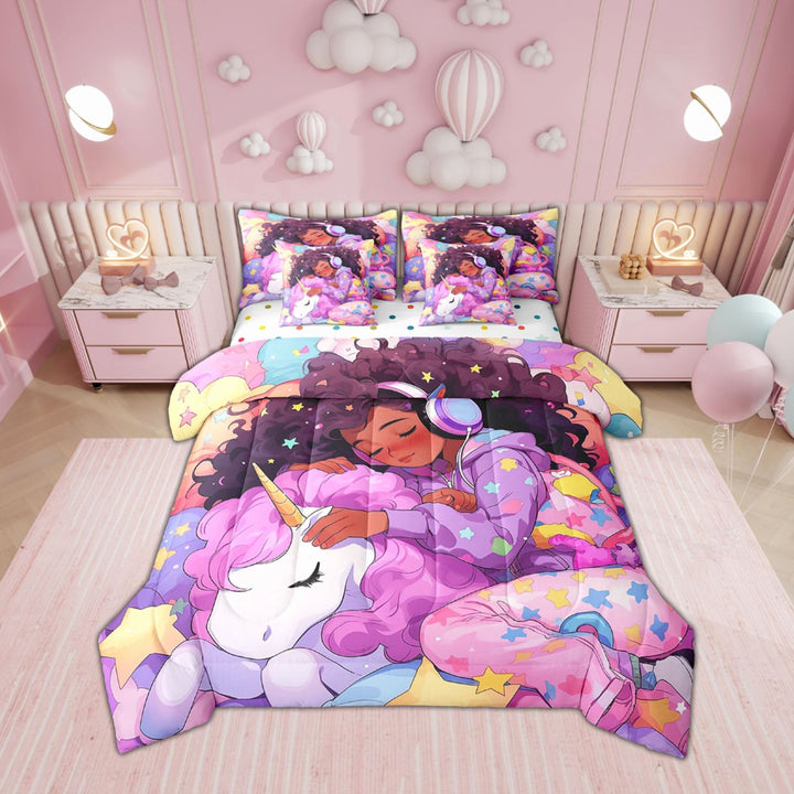 Afro Hair 7 Piece Comforter Set Full Bed in a Bag,Unicorn Cute Afro Melanin Princess Bedding Sets American Black Horse Sheet Set with Comforter
