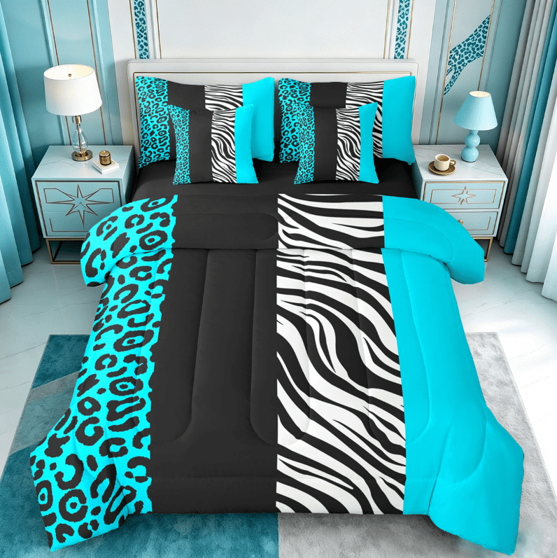 Manfei Wild Cheetah Pattern 7 Pieces Bedding Comforter Set,Zebra Lines Full Bedding Set,Bblue Black Leopard Print Fitted Sheet Flat Sheet For Child,Super Cozy Room Decor Reversible