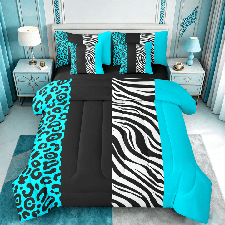 Manfei Wild Cheetah Pattern 7 Pieces Bedding Comforter Set,Zebra Lines Full Bedding Set,Bblue Black Leopard Print Fitted Sheet Flat Sheet For Child,Super Cozy Room Decor Reversible