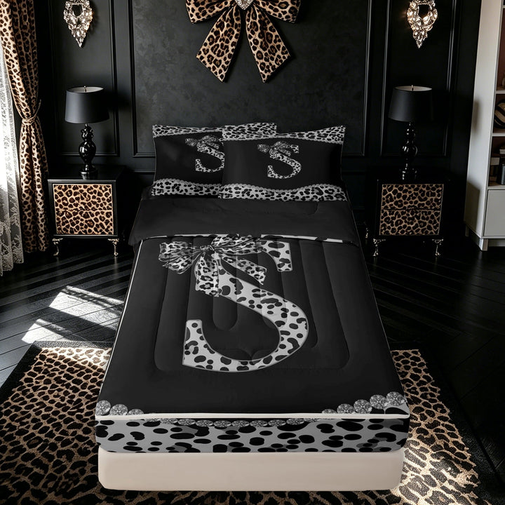 meiyoeat Cheetah Print Bow S Letter Zipper Full Size Comforter Sets with Fitted Sheet and 2 Pillowcases for Women Girls, Bling Diamond Zipper Bedding Set, Black White, Black Reversible, 4pcs