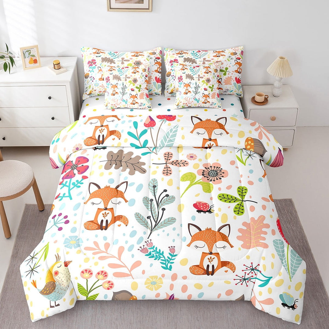 Erosebridal Cute Fox Comforter Set 7 Piece Twin Cartoon Woodland Wildlife Bed In A Bag With Sheets For Kids Boys Girls Kawaii Leaves Flowers Fox Bedding Set,Jungle Botanical Animal Sheet Set